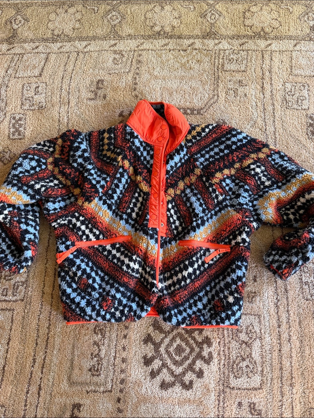 Free People Cozy Patterned Fleece Jacket with Orange Trim